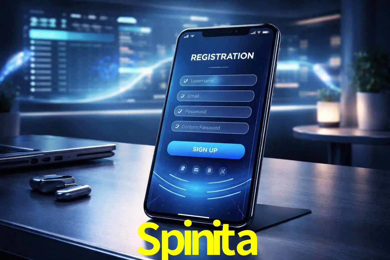 Una interfaz moderna de registro móvil para Spinita mostrada en un smartphone con un panel de apuestas elegante.